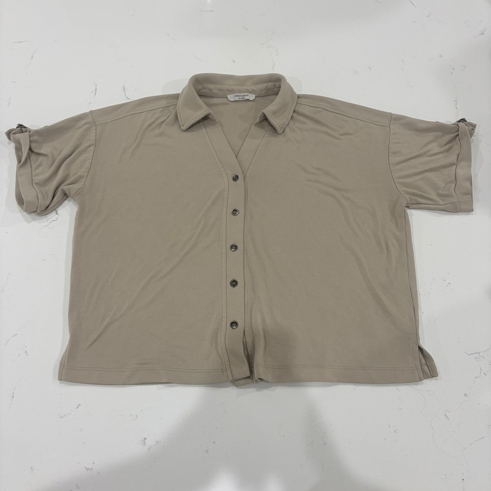 Cable & Gauge Studio Womens Tan Short Sleeve Button Down Knit Blouse Top Size L